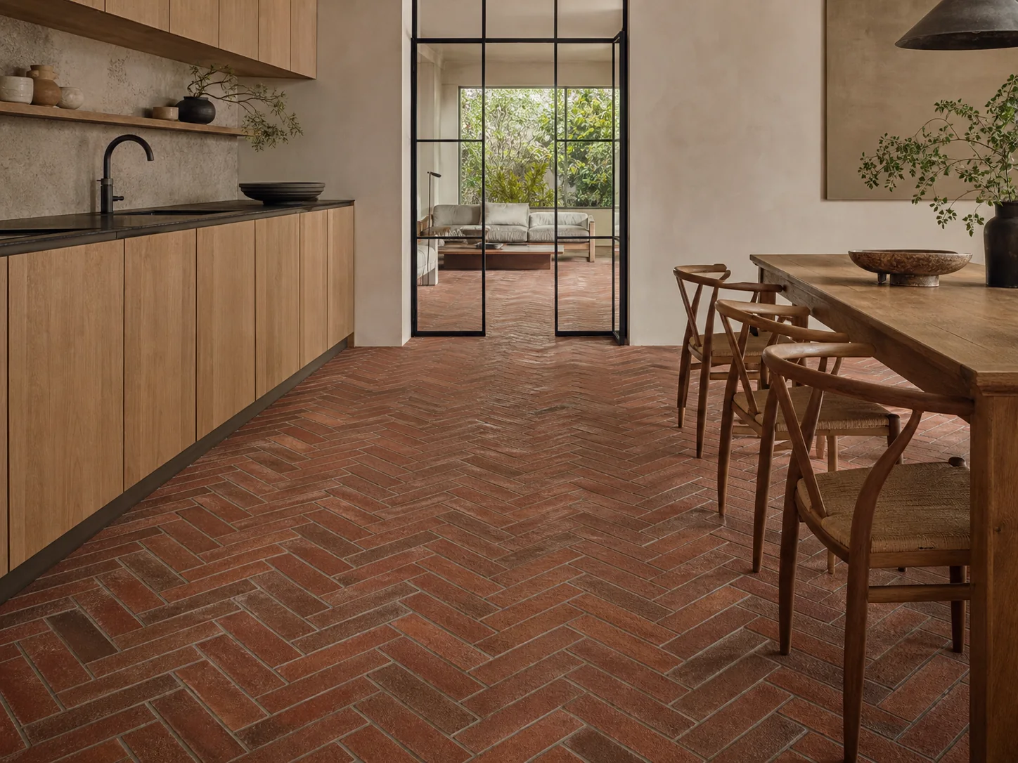 Cucina contemporanea con pavimento in klinker posato a spina