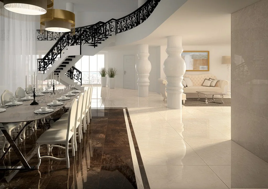 Soggiorno elegante con pavimento in gres effetto marmo