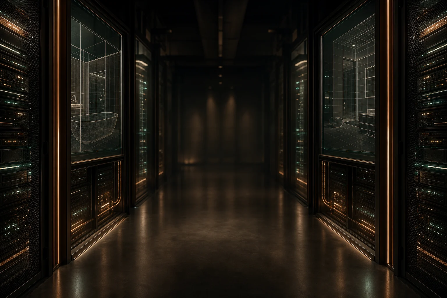 Render farm con server e modelli tridimensionali di ambienti bagno