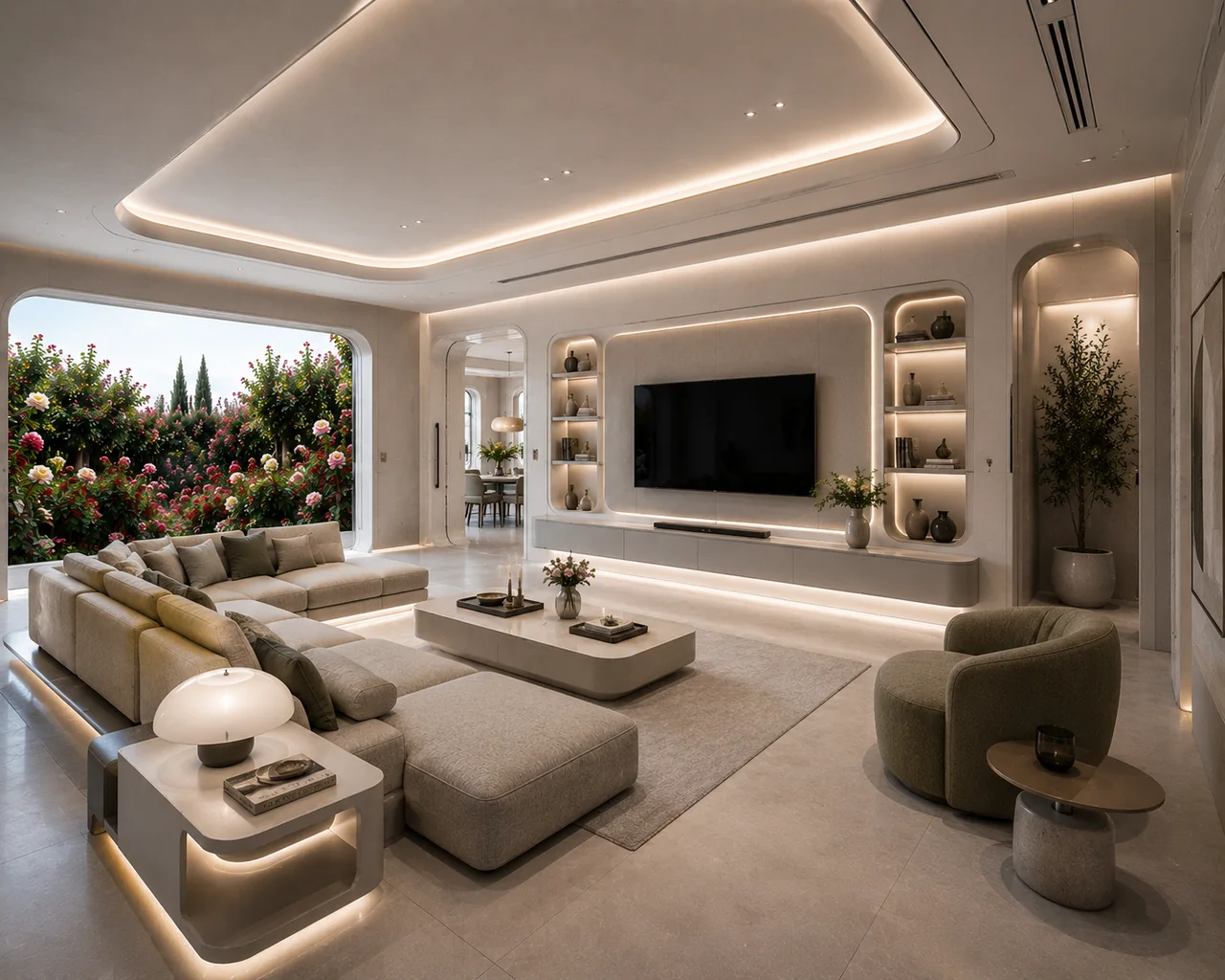 Rendering digitale di living panoramico