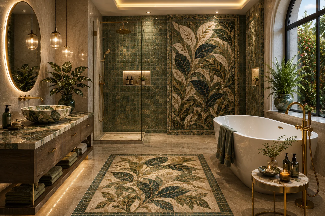 Elaborazione concettuale di bagno con mosaico botanico