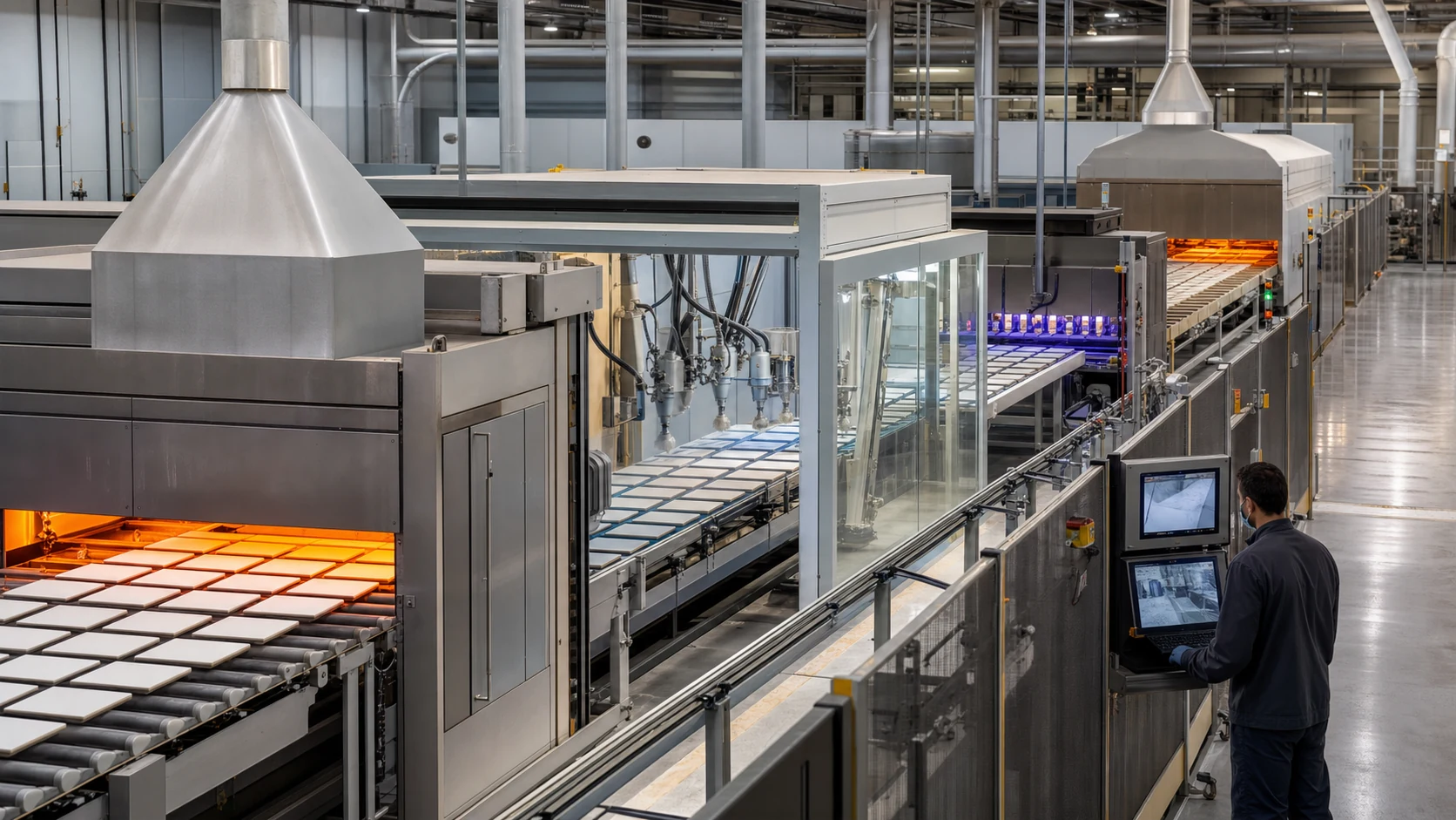 Linea industriale di bicottura con prima cottura, smaltatura e seconda cottura