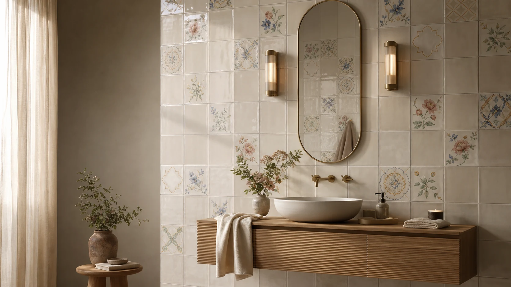 Bagno elegante con rivestimento in ceramica bicottura smaltata e decorata