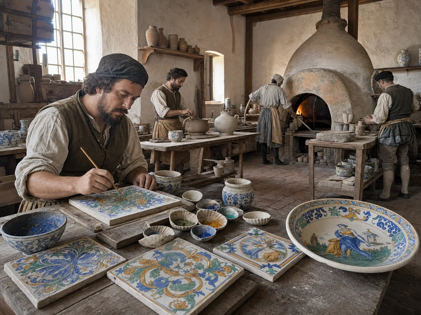 Ricostruzione di una bottega italiana del Rinascimento durante la pittura su smalto bianco di maiolica