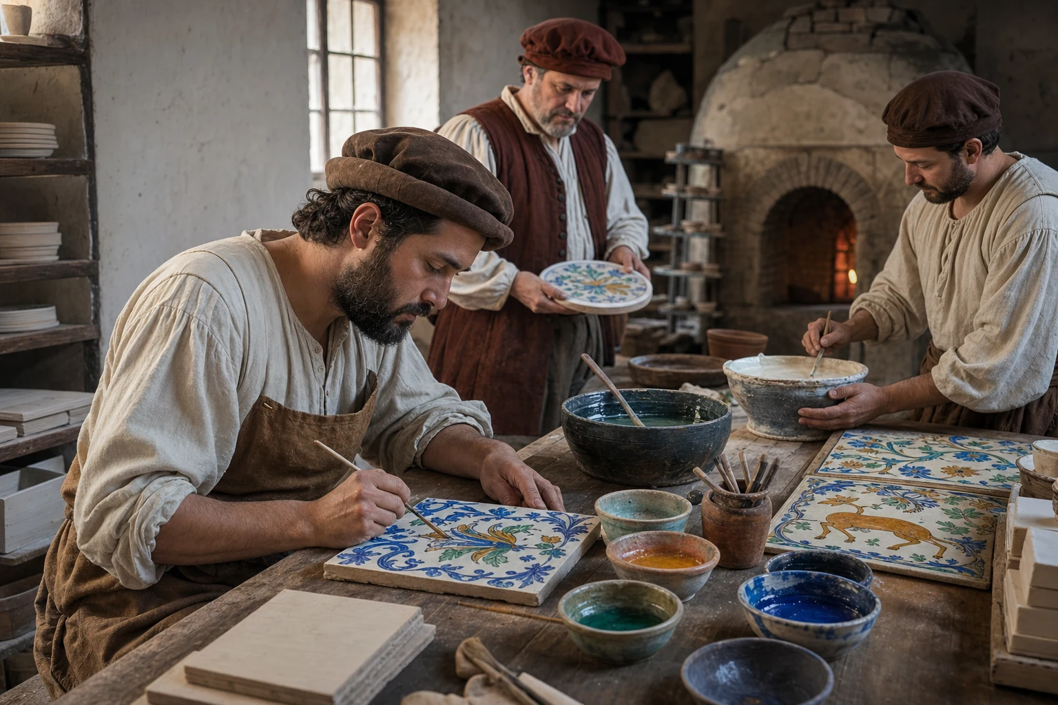 Decoratori al lavoro su piastrelle in maiolica in una bottega storica ricostruita
