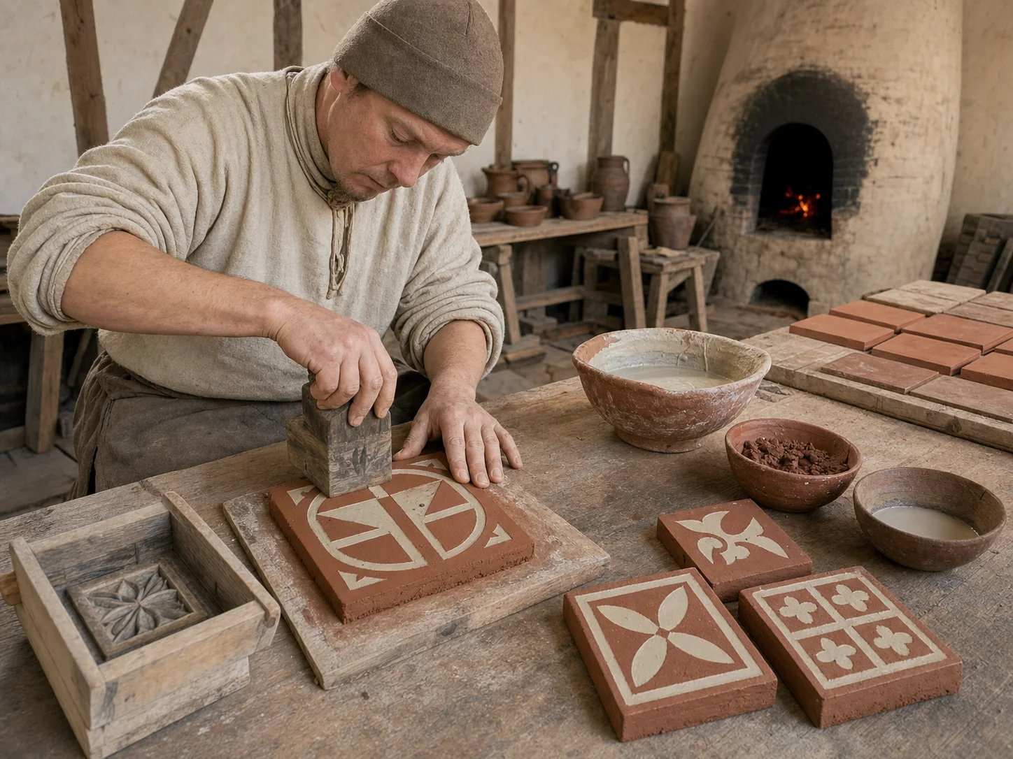 Ricostruzione di una bottega medievale che realizza piastrelle intarsiate con matrice lignea e argilla chiara