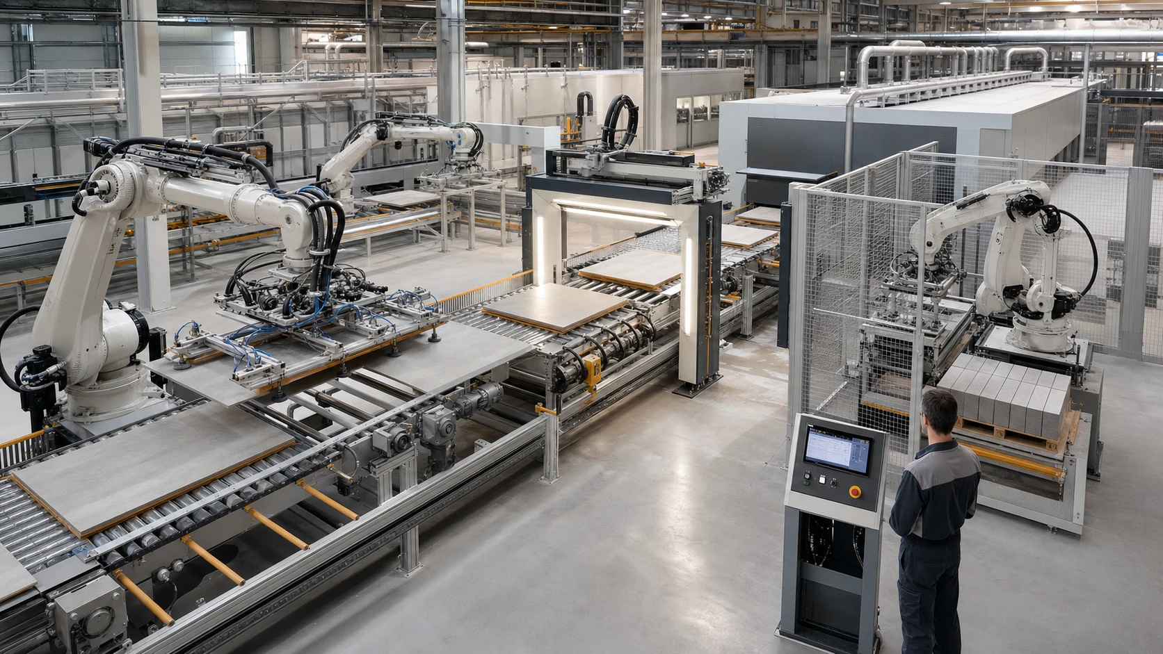 Controllo robotizzato di lastre in gres porcellanato in una moderna linea ceramica