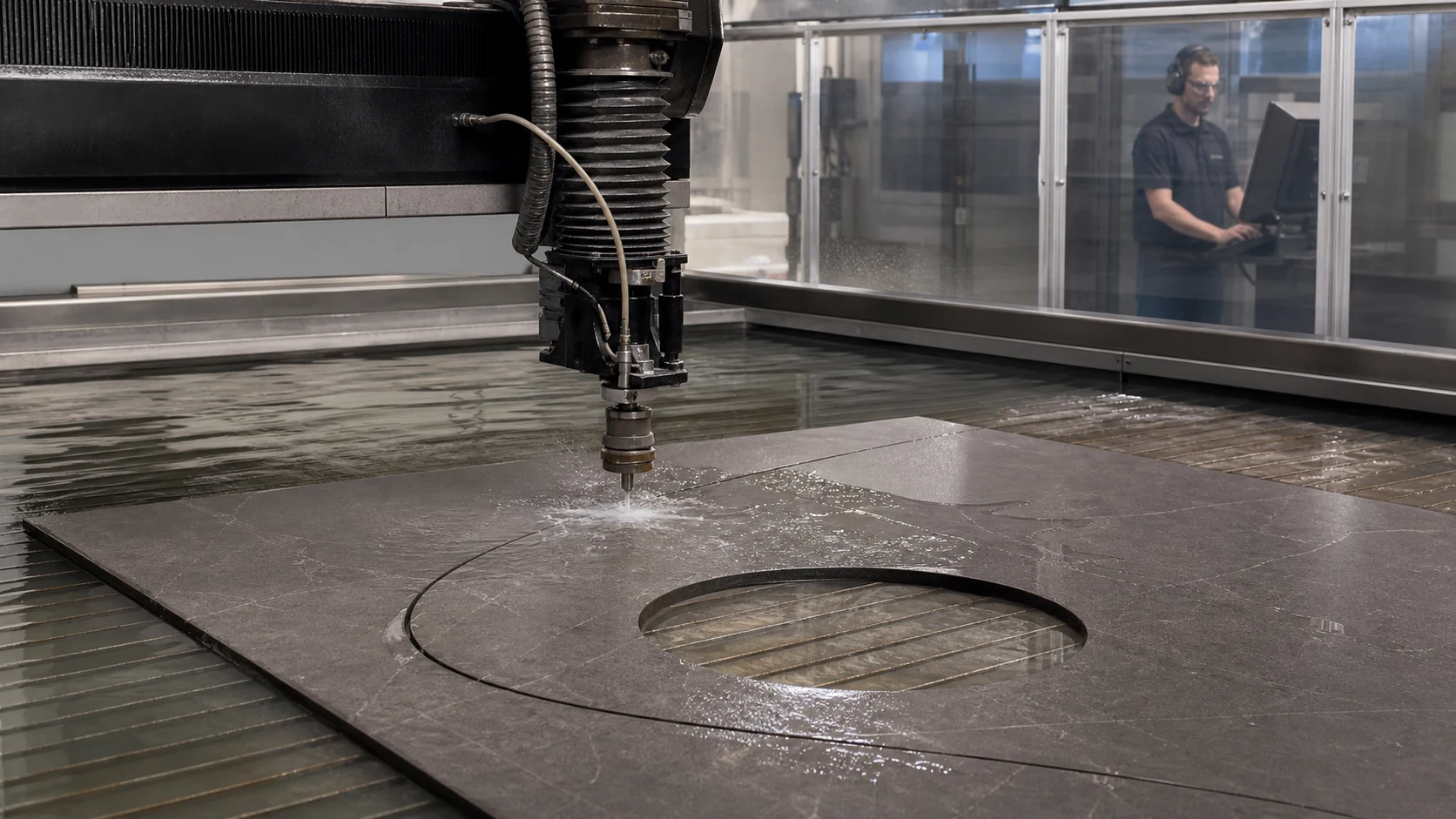 Taglio waterjet CNC di una sagoma curva in una lastra di gres